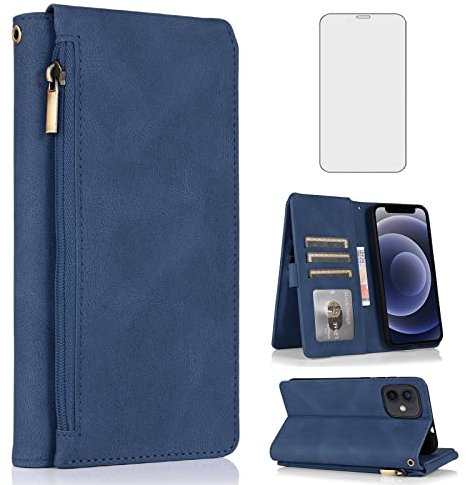 Asuwish Compatible with iPhone 11 6.1 Wallet Case Tempered Glass Screen Protector Zipper Leather Flip Cover Card Holder Stand Cell Phone for iphone11case iPhone11 i Phone11 11s XI 11R Women Men Blue