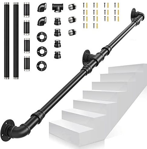 Handlauf für Treppen, VAYOTOY 1/1,5/2/3m Handlauf Schwarz Handlauf Treppengeländer Innen Aussen mit Rutschfestem, Rostfreiem, Industriellem, Verzinktem Stahlrohr für Einfache Installation (2m)