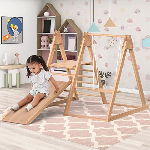 Merax Rutsche und Schaukel für Kinder, 3 in 1 Kinderspielzeug mit Klettergerüst, Schaukel, Rutsche, Kombispielzeug für drinnen, Holzspielzeug für Kinder. Aus massiver Kiefer und Sperrholz