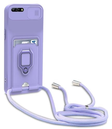 Beajew kompatibel mit Huawei Y6 2018 Schiebe Kameraschutz Silikon Handykette Hülle, Drehbarer Ständer mit Kartenfach Necklace Hülle, Verstellbarer Halskette Handyhülle, Lila