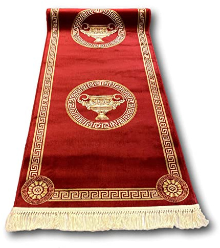 Belle Arti Premium Flur Teppich Läufer Teppichläufer in rot Gold Mäander Amphore Muster mit Fransen Flur Schlafzimmer Wohnzimmer - Kurzflor Flauschig Antirutsch Seidenoptik 100% Viskose - 80x200 cm