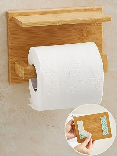 DEKAZIA® Porta Carta Igienica con ripiano Portarotolo Carta Igienica legno Porta Rotolo Carta Igienica da Parete Adesivo Porta Carta Igienica Adesivo Accessori Bagno Porta Carta Igienica Legno bambù