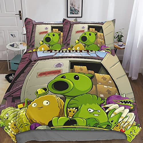 Crazy Dave Bedding Funda De Microfibra 3 Piezas Plants Vs Zombies Cama De Impreso En 3D Fundas De Almohada Cremallera Oculta Funda De Edredón para Niñas Y Niños King(220x240cm)