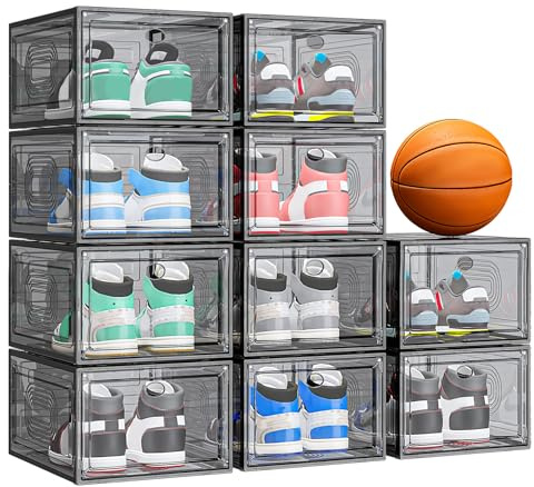 caktraie 10 Pack Thicken Shoe Organizer Stackable,Upgraded Sturdy Shoe Storage Box with Magnetic Door,Shoe Containers For Sneaker Display,Hat Organizer,Black…