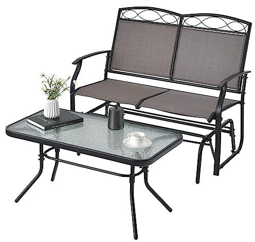 COSTWAY 2-Sitzer Schaukelbank mit Couchtisch, Gartenbank aus Textilene, Sitzbank, Balkonmöbel-Set, Gartenmöbel, Gartengarnitur, Balkonset, Sitzgruppe für Garten, Balkon, Hof