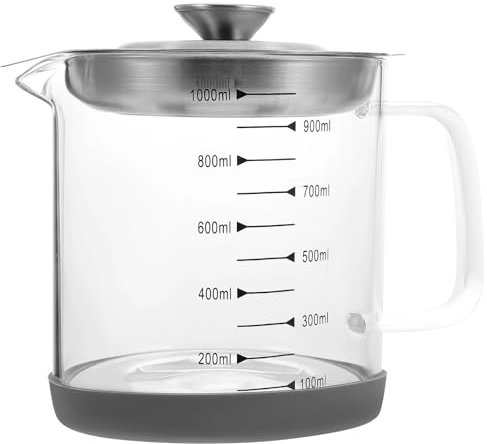 Glass Bacon Grease Container with Strainer, Cooking Oil Storage Can with Mesh Filter, Frying Oil Storage Can with Lid, Oil Bottle with Filter for Cooking and Kitchen (1000ML)