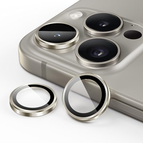 JETech Protector de Lente Cámara para iPhone 15 Pro 6,1 Pulgadas y iPhone 15 Pro Max 6,7 Pulgadas, Cristal Vidrio Templado 9H Individuo Metal, HD Transparente, 1 Juego (Titanio Natural)