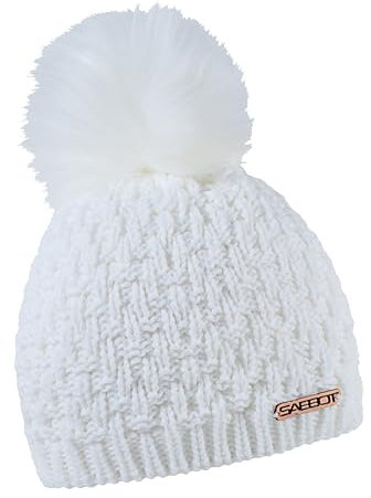 SABBOT Schick Damen Mütze mit Pelzbommel, Fleece-Futter, Wintermütze, Modernes Strickmuster, Warme Kappe (Weiß)