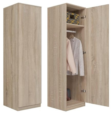 WHATSIZE ENTERPRISE – SD 50 - Sonoma Single Push-open Wardrobe – Wooden Storage Cupboard with Folding & Hanging Space - Organise Clothing, Coats & Towels - Modern Décor