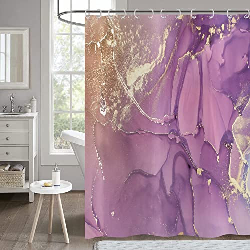 Hnmdmyi Duschvorhang Marmor Optik Lila 240x180, Abstrakt Lavendel Gold Glitzer Badewanne Vorhang Modern Elegant Ombre Luxus Aquarell Tinte Kunst Wasserdicht Polyester Stoff Waschbar Badevorhang