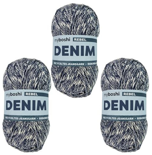 myboshi Denim, veganes Jeansgarn, recycelte Baumwolle zum Häkeln und Stricken, 50% recyceltes Denim, 50% Baumwolle (Bio), 50g, Ll 135m Dunkelblau (Rebel) 3 Knäuel