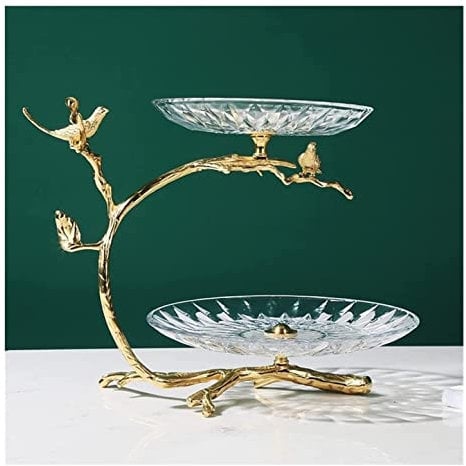 ASHSDI Obstkorb Deko Küche Moderner Heller Luxus-Obstteller Aus Glas, Messing, Zuhause, Wohnzimmer, Doppelschichtig, Obstkorb-Ornamente Obstschale Modern