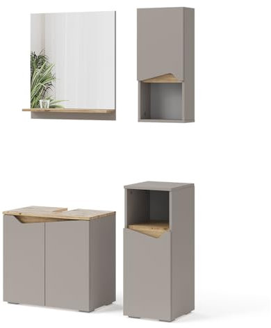 Vicco Badmöbel-Kombination Marelle, Badezimmerschrank-Set, Greige/Artisan-Eiche, 4 Teile