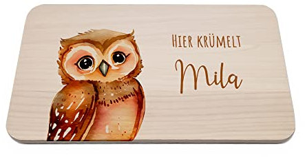 Frühstücksbrettchen personalisiert Eule, Holz Frühstücksbrettchen Kinder, Frühstücksbrettchen mit Motiv, Babygeschenke, Geschenk 1. Geburtstag