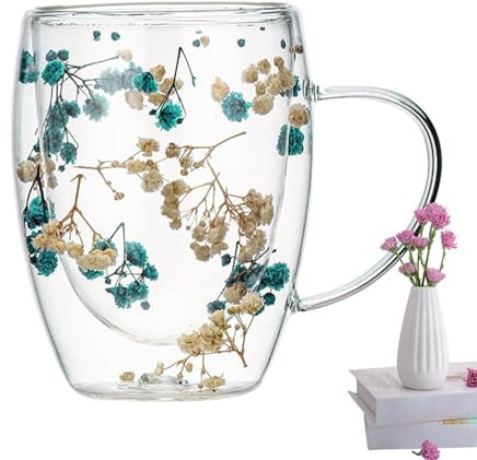 Générique Tasse Double Paroi Avec Fleurs Séchées, Tasse En Verre À Double Paroi Avec Fleurs Sèches - Mug Double Paroi Verre Fleur, Noël Et D'Anniversaire Pour Votre Meilleure Amie Professeure Maman