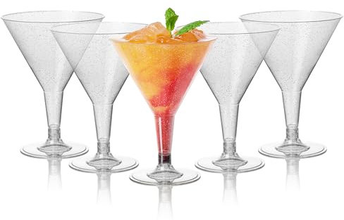 MATANA 48 Verres à Martini Réutilisables en Plastique Transparent avec Paillettes Argentées pour Cocktails et Desserts (210ml) - Anniversaires, Mariages, Buffets, Fêtes - Solides et Élégants