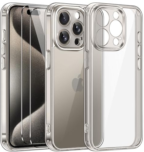 ivoler Clear Case Compatible with iPhone 15 Pro 6.1 inch, 1 Phone Case + 2 Tempered Glass Screen Protector, Non-Yellowing Military Shockproof Anti-Scratch Slim Phone Case Cover- Natural Titanium