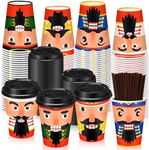 Jingmore 100 Pack 12 oz Nutcracker Coffee Cups with Lids and Straws, Christmas Paper Cups Disposable Bulk, Winter Xmas Coffee Cups Holiday Paper Cups for Cold Beverage Xmas Party Drinkware Supplies