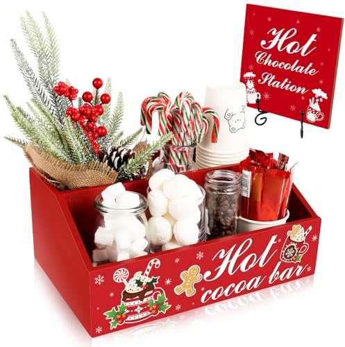 IWOLOMI Christmas Hot Cocoa Bar Supplies, Hot Cocoa Bar Wood Storage Box and Hot Chocolate Station Table Sign, Double Cute Wood Storage and Hot Chocolate Bar Sign for Home Kitchen Holiday Decor