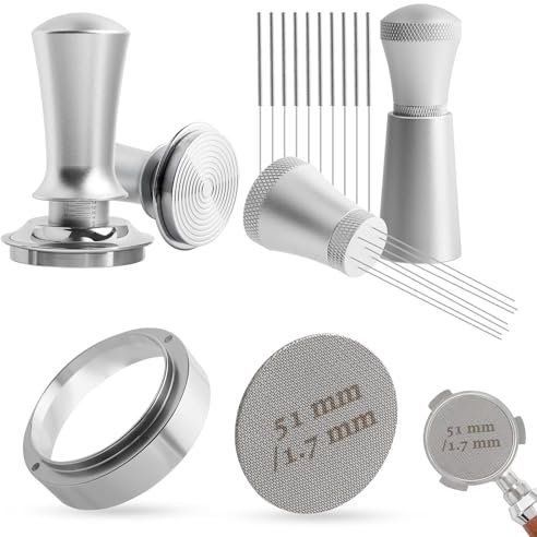 Kaffee Tamper 51mm Set, Aufgerüstet Espresso Tamper Set inkl. WDT Tool, Dosierring 51mm, Puck Screen 51mm, Druckregulierender Tamper-Base Ripple aus Edelstahl mit 30lbs Anpressdruck für Barista
