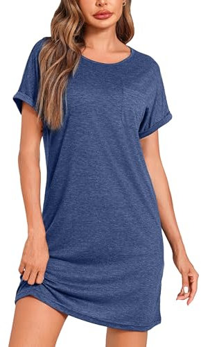 Leversic Camisón Mujer Camisón de Manga Corta Enrollado Camisones de Jersey con Cuello Redondo Vestido Tipo Camiseta Ropa de Estar por Casa Suave(Azul Oscuro,XL)