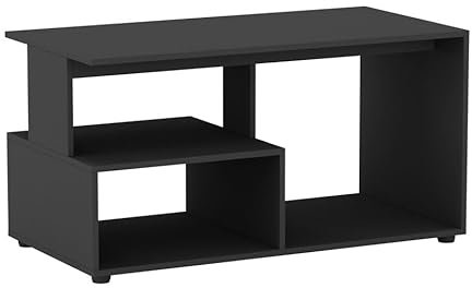 URBNLIVING 80cm Wooden Black Side Coffee Table With Storage Shelves 32 inch max TV size Modern Console Stand Media Entertainment Center for Living Room Bedroom Office