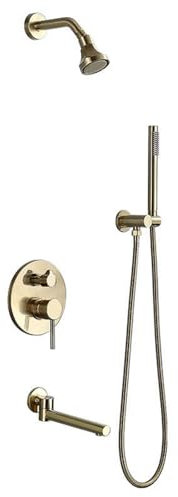 Rubinetto miscelatore per doccia a scomparsa in oro spazzolato, con 3 uscite e rotazione a 360° per doccia a pioggia, bagno e doccia