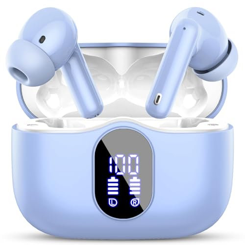 Wireless Earbuds, Bluetooth 5.4 Headphones In Ear with 4 ENC Mic, New Wireless Earphones Noise Cancelling Deep Bass, LED Display, Bluetooth Earbuds 36H Playtime, IP7 Waterproof Ear buds, USB-C, Purple