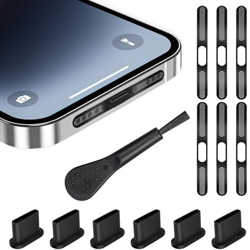 AXFEE Juego 13 Tapones Antipolvo USB C y Cubierta, 6 Fundas de Silicona para Tapón Antipolvo, 6 Adhesivo para La Red de Altavoces del Teléfono Móvil, con 1 Cepillo Limpieza, para iPhone 16/15 Serie