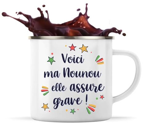 Planetee Tasse métallique Nounou elle assure grave ! | Mug Mazagran Cadeau Fête des Mères Anniversaire Soeur Noël Tata Marraine Timbale Camping
