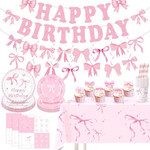 Ensemble de vaisselle de fête d'anniversaire 117 pièces - Motif nœuds roses - Décoration d'anniversaire de fille avec assiettes, gobelets, serviettes, nappe, décoration de gâteau et bannière