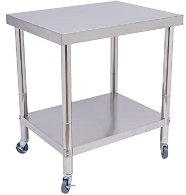 Mqwdxzfes 2-Schicht Edelstahltisch Arbeitstisch, Küchentisch Tisch mit Aufkantung & Verstellbare Füße, Gewerblicher Zubereitungstisch Edelstahl Arbeitsplatte Rollbarer Lagerregal(76x60x85 cm)