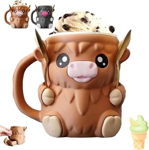 Kuh-Eiscreme-Pint-Halter mit Griff und 2 Löffeln – 3D-gedruckter auslaufsicherer Behälter für Ben & Jerry's, Eis am Stiel, Bierdosen – niedliches Tiergeschenk für Milchliebhaber (braun) (braun)