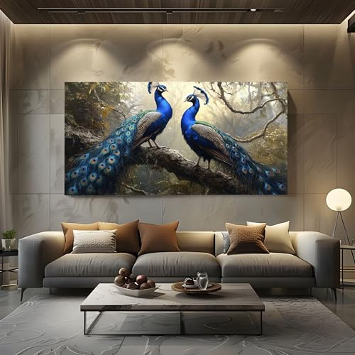 ZORYAN Tableau sur Toile Peinture à l'huile Paon Grand Format XXL 80x160 cm | Decoration Murale Animal Oiseau Bois pour Salon Chambre Vintage Plume Art Mural Moderne