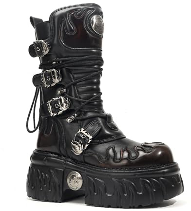 Songella Stivali Punk Gotici da Donna con Suola Platform Spessa, Design a Fiamme, Fibbie Metalliche e Zip Laterale – Stile Biker Rock a Metà Polpaccio