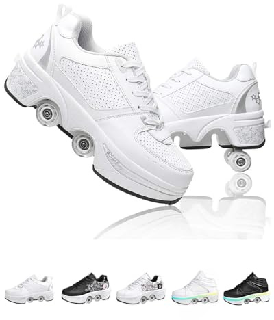 Schuhe Mit Rollen für Mädchen, Rollschuhe Damen Mit Einziehbaren Rädern,Roller Skate Shoes Als Weihnachts- und Geburtstagsgeschenke (Silver White, 38)