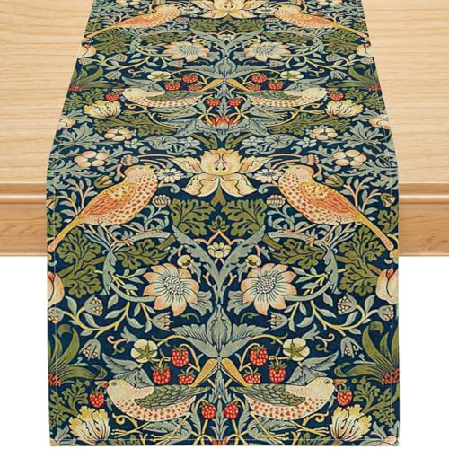 Morris Stil Tischläufer – Vintage Blumen & Vogel Muster in Leinenoptik, Klassische Botanische Deko für Esstisch & Wohnzimmer 33x184cm