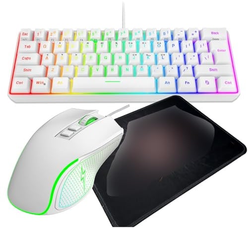 Cuifati Gaming Keyboard Mouse Combo, RGB Backlit, USB Wired 61 Keys 60% Mechanical Keyboard, Adjustable DPI Mouse Optica for Gaming and Work, with Mousepad (White Set)