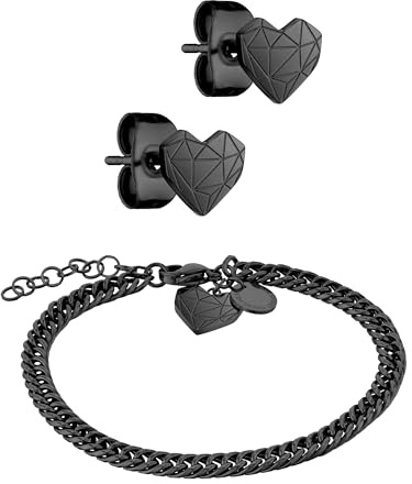 LIEBESKIND BERLIN Schmuck-Set - Filigranes Armband mit Broken-Heart-Ohrstecker - IP Schwarz - Panzerkette verstellbar bis 21 cm - wasserfest & hautfreundlich