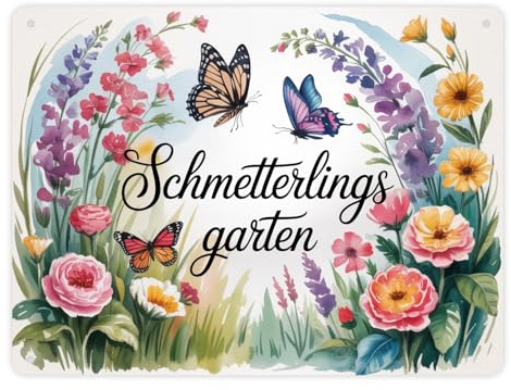 speecheese Metallschild XL in 21x28 cm Schmetterlinge im Cottage-Garten | Naturliebhaber Lustiges Schild für den Garten und Naturfreunde