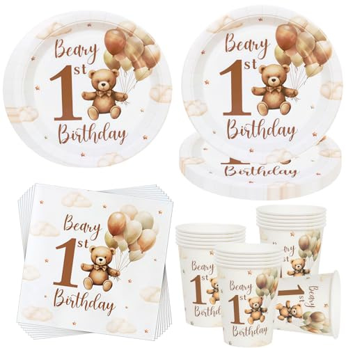 OMZSXK 1. Geburtstag Partygeschirr für 16 Gäste, Teddybär Partyteller Party Deko Geschirr, Beary 1st Birthday Bär Pappteller Pappbecher Servietten, Bären Party Dekorationen 1. Geburtstag Junge