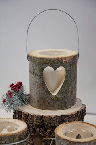 Christmas Rustic Wooden Log Birch Lantern With Glass Candle Holder Christmas Lights Table Decor Christmas Centrepiece (Heart, 13cm)