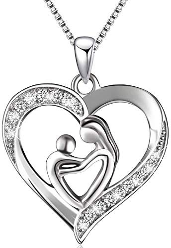 HORHEAR Muttertag 925 Sterling Silber Herz Anhänger mit Zirkonia Einlage Halskette Geschenk für Mutter oder Tochter, Kettenlänge 45 cm