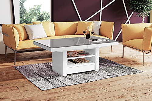 Design Couchtisch Tisch HLM-111 Grau/Weiß Hochglanz Schublade höhenverstellbar ausziehbar