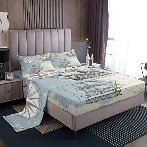 Erosebridal Nautisches Queen-Spannbettlaken, Retro-Segelboot-Bettwäsche-Set für Jungen, Mädchen, Kinder, Jugendliche, Weltkarte, Skizzen-Bettlaken, Vintage-Anker, Weiß, Blau 4 Stück
