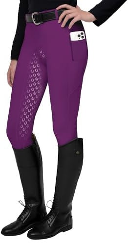FitsT4 Sports Damen Reitleggings Silikon Vollbesatz Reithose mit Handytasche und Gürtelschlau,Lila,S