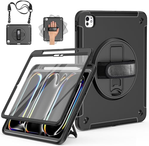 Miesherk Hülle für iPad Pro 13 Zoll 2024 M4: 3-Schichte robuste stoßfest Case für iPad Pro 13 2024 7.Generation mit Displayschutzfolie-Stifthalter-Drehbare Ständer-Handschlaufe-Schultergurt-Schwarz