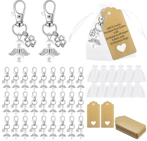 30 PCS Llavero Ángel de la Guarda con Etiquetas de Papel Kraft en Blanco y Bolsas de Organza, Llavero Ángel de la Guarda Comunion, Llavero Ángel de la Guarda Bautizo, Colgante Angel de la Guarda