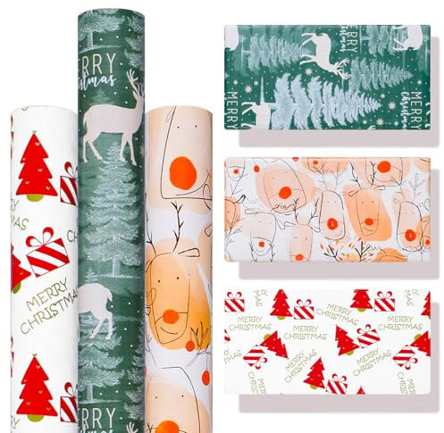 Zindoo Geschenkpapier Weihnachten, 3 Rolle 43x300cm Klassisches Weihnachtsmuster Designs Geschenkpapier, Geschenke zur Weihnachts und Adventszeit zu Verpacken