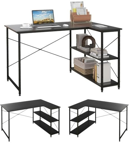 FANTASK Schreibtisch L-Form, Computertisch mit Regal rechts oder Links, Eckschreibtisch mit Ablagefächern, Ecktisch Bürotisch für Heimbüro, kleine Räume, 120 x 88 x 74,5 cm (Schwarz)